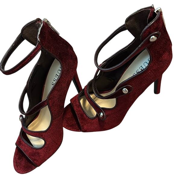 Guess Size 7.5 Burgundy Velvet Strappy Heels - Picture 2 of 6